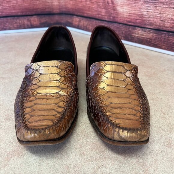 Escada Dark Brown & Bronze/Gold Faux Snake Print Loafers Moccasins Flats - Picture 3 of 16